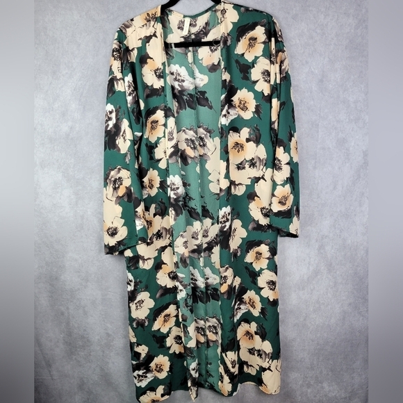 PinkBlush Green Floral Chiffon Long Plus Cover Up KIMONO Size M - Picture 2 of 11